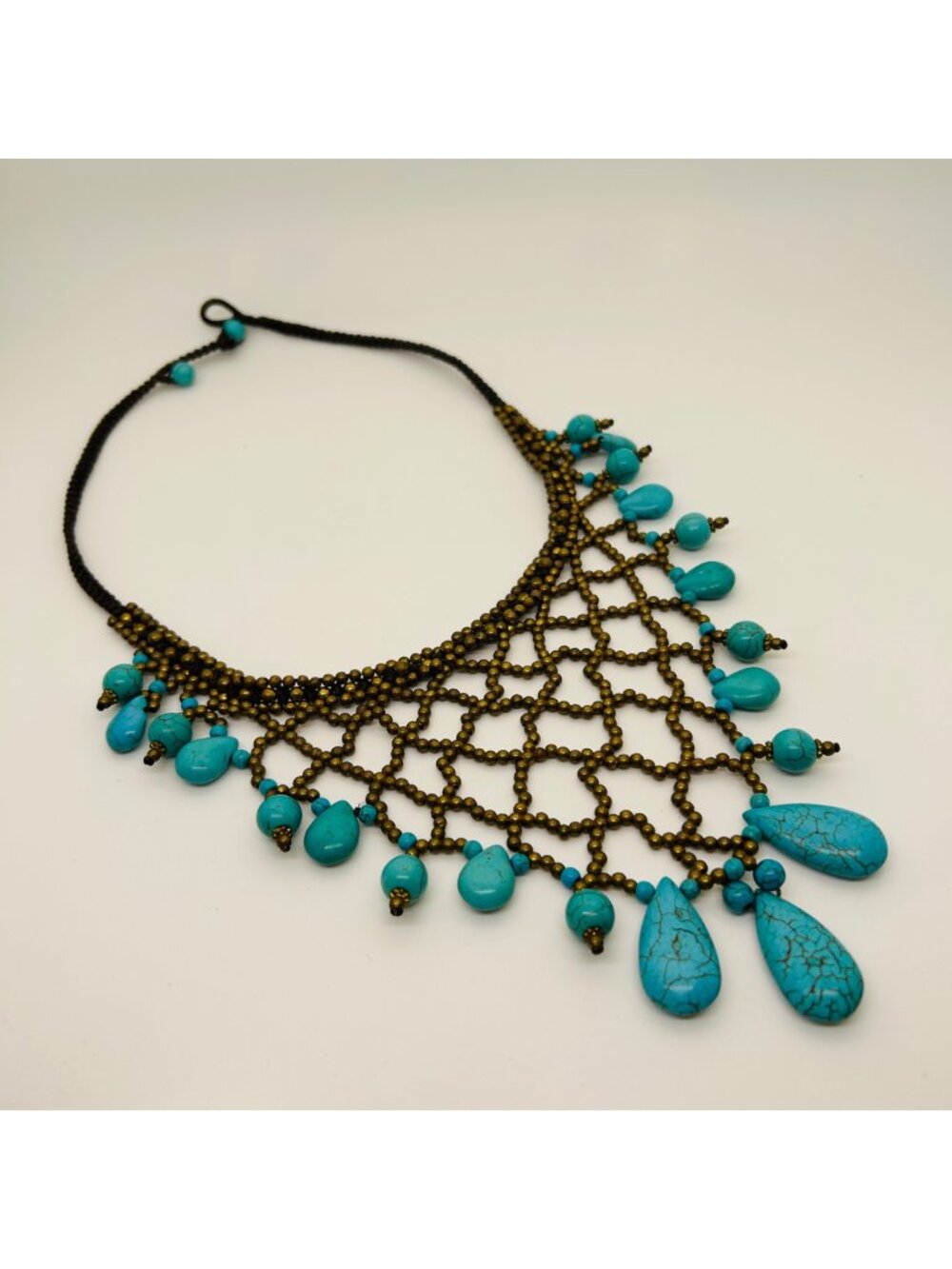 Bohemian Woven Necklace Bronze-Colored Bead Turquoise Color Stone Collar